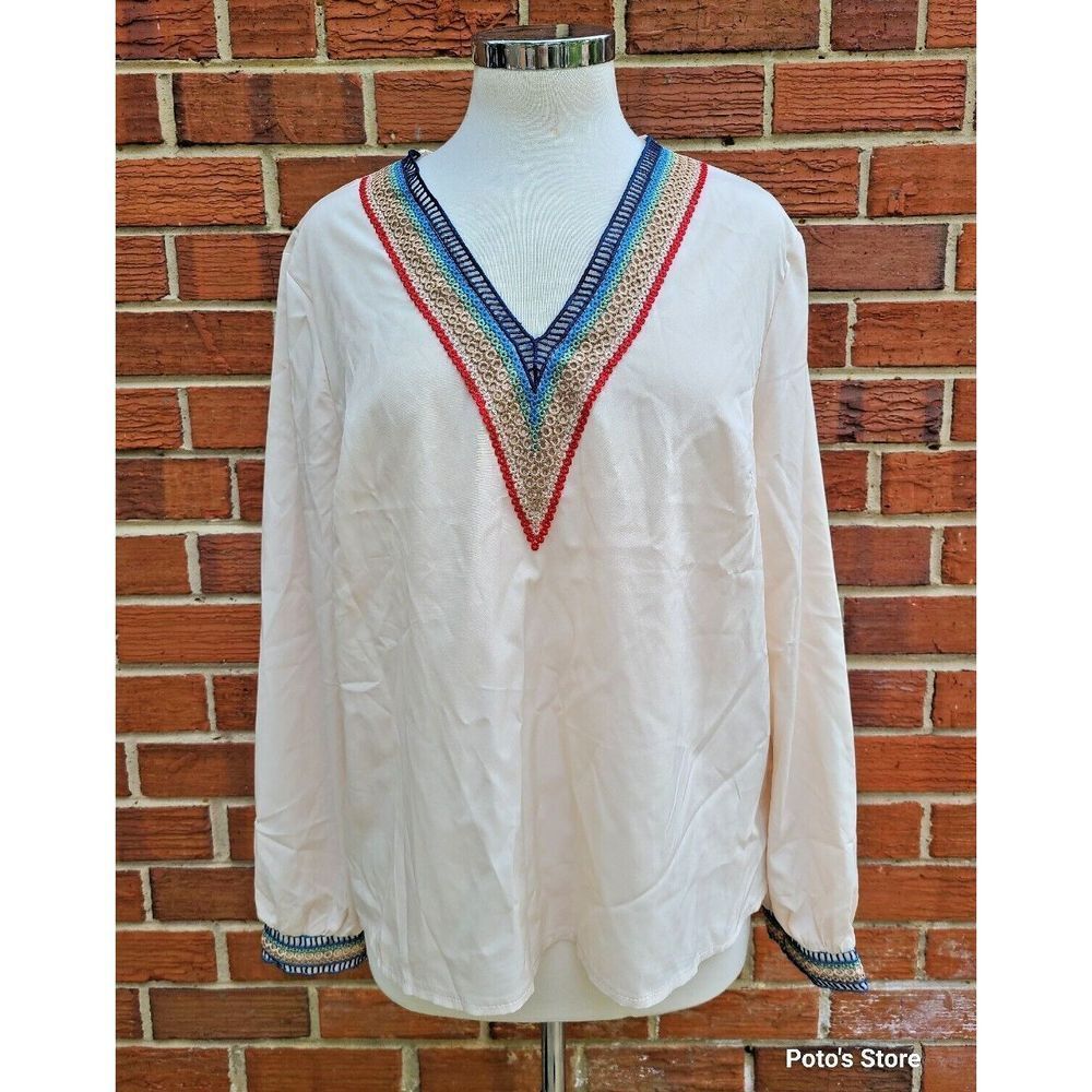 Shein Women's Sz XL Embroidery Trim  Ruffle Trim V Neck Long Sleeve Blouse